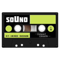Old school compact cassette tape, eightees design.