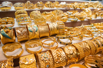Fototapeta na wymiar Display with jewellery in gold souk in Dubai