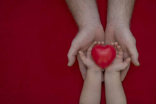 hands of an adult and children with a red heart, on a red background. concept of CSR. health insurance, heart day, health day, blood donor