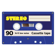 Vintage cassette illustration, simple flat design on white background.