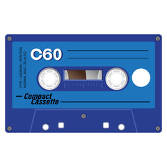 Vintage cassette illustration, simple flat design on white background.