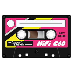 Vintage cassette illustration, simple flat design on white background.