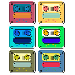 Vintage cassette colour tapes illustration, isolated on white set.