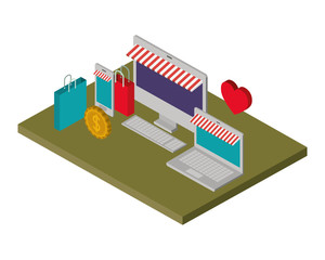 Fototapeta premium computer desktop with shopping bags and heart isometric icon vector illustration design