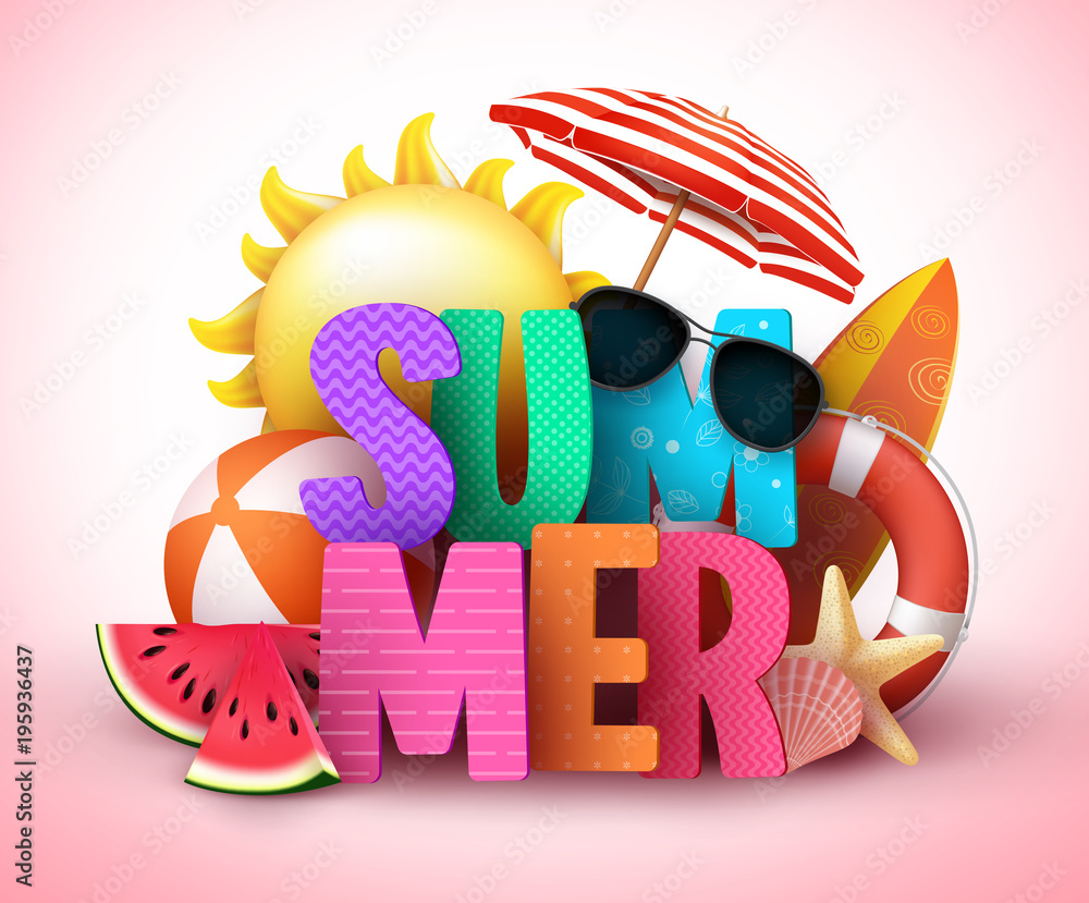 Aufkleber summer 3d text vector banner design with colorful title and realistic tropical beach elements in a b