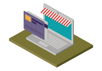 laptop computer with parasol and credit card isometric vector illustration design