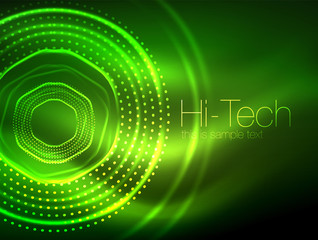 Magic neon circle shape abstract background, shiny light effect template for web banner, business or technology presentation background or elements, vector illustration
