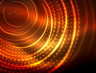 Magic neon circle shape abstract background, shiny light effect template for web banner, business or technology presentation background or elements, vector illustration