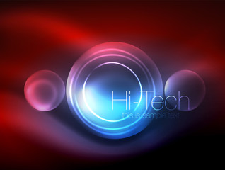 Blurred neon glowing circle, hi-tech modern bubble template, techno glowing glass round shapes or spheres. Geometric abstract background