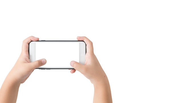 Kid Hands Holding  Smart Phone Isolated