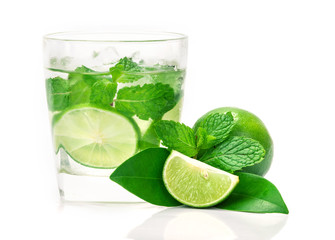The fresh cool infused water of lime and mint or mojito cocktail look on white background