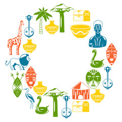 Africa. Frame for poster. Travel to Africa ethnic icons. Tribal illustration. African mask, animals, house, tree, palm, baobab
