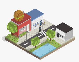 Illustration set of pixelated park and city models