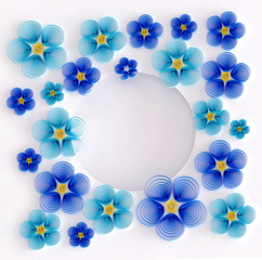 Paper Art Quilling  Filigree Floral Blue Vignette Frame - Sweet 3D Render Papercraft Holiday Flower Bouquet for Greeting Card 
