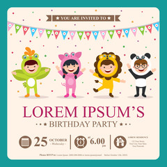 birthday card invitation with kids in animal costume