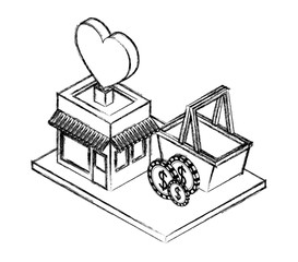store building with heart and basket vector illustration design