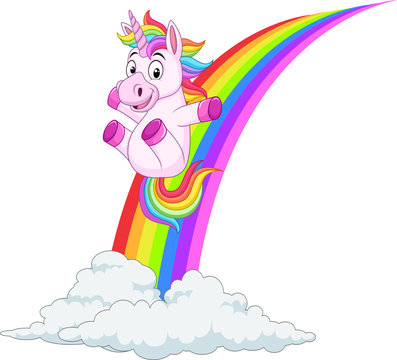 Cartoon unicorn sliding on rainbow
