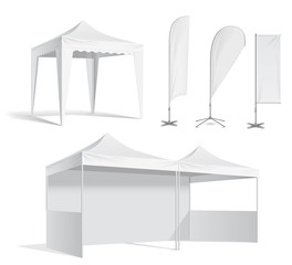 Advertising promotional outdoor mobile tent. Flag. Mock up blank template. Illustration isolated on white background vector