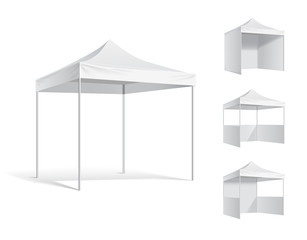 Vector pop up white realistic tent for outdoor event. Illustration isolated on white background vector