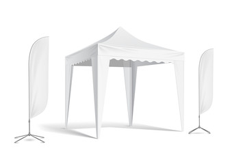 Vector pop up white realistic tent for outdoor event. Illustration isolated on white background vector
