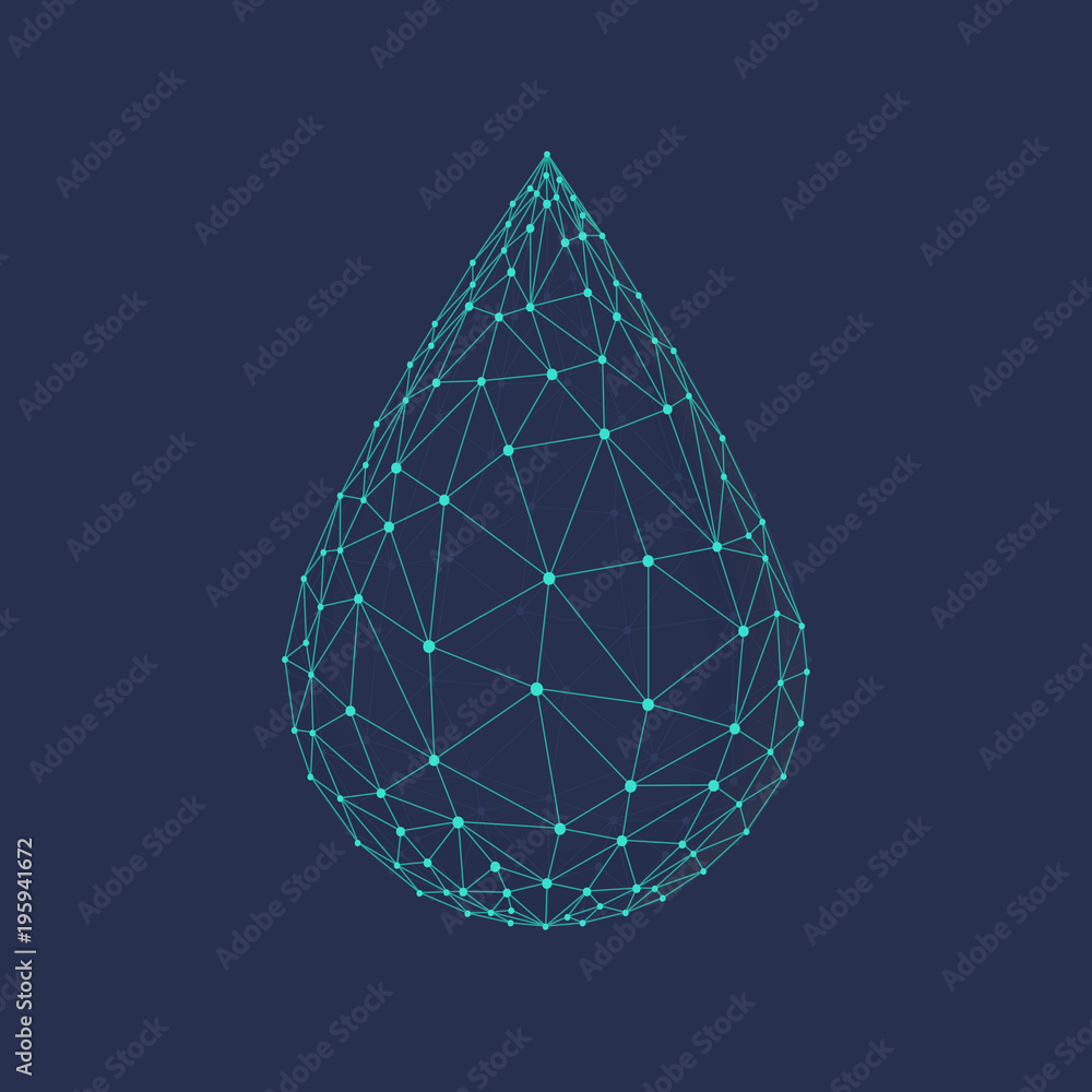 Poster water drop or oil drop icon made with blockchain technology network polygon isolated on dark blue ba