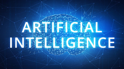 Blockchain technology network futuristic hud polygon human brain on peer to peer blockchain network technology background represent ai artificial intelligence and cyber space concept.