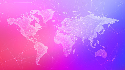 Polygon world map with blockchain peer to peer network on blurred gradient multicolored background. Network, p2p business, bitcoin trading and global cryptocurrency blockchain business banner concept.
