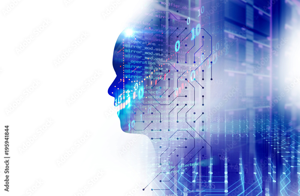 Poster silhouette of virtual human on circuit pattern technology 3d illustration