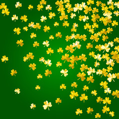 St patricks day background with shamrock. Lucky trefoil confetti. Glitter frame of clover leaves. Template for party invite, retail offer and ad. Celtic st patricks day backdrop.