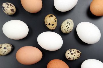 different chicken eggs lie randomly on dark background.