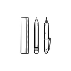Stationery - ruler, pen and pencil hand drawn outline doodle icon. School supplies vector sketch illustration for print, web, mobile and infographics isolated on white background.
