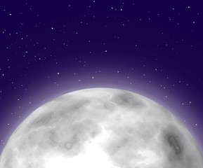 Shining moonrise, close-up, night background, cartoon style. Huge shining star on half sky. Vector illustration of heavenly luminary