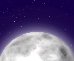 Papier Peint photo Pleine Lune arbre Shining moonrise, close-up, night background, cartoon style. Huge shining star on half sky. Vector illustration of heavenly luminary