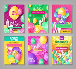 Big set easter coupons. Festive collection of banners for discounts and sales. Vector illustration with color eggs, flowers and easter bunny ears.