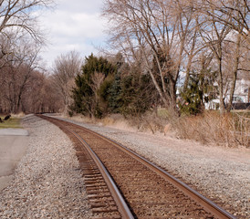 A set of train tracks through woods with bare trees