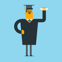 Young happy caucasian graduate giving thumb up. Full length of smiling graduate with thumb up. Cheerful graduate showing thumb up. Concept of education. Vector cartoon illustration. Square layout.
