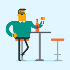 Caucasian man sitting at the table with a glass and a bottle of wine. Young man drinking wine in the restaurant. Man enjoying a drink at the wine bar. Vector cartoon illustration. Square layout.