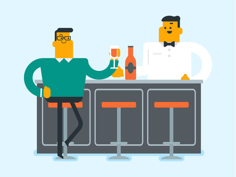 Caucasian man sitting at the bar counter. Young man relaxing in the bar with a glass of alcohol drink. Man celebrating with alcohol drink in the bar. Vector cartoon illustration. Horizontal layout.