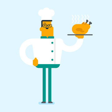 Young caucasian chief cook in uniform and hat holding plate with roasted chicken. Smiling male chief cook with a whole baked chicken on a plate. Vector cartoon illustration. Square layout.