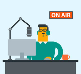 Young caucasian radio host working in front of microphone, computer and mixing console at radio studio. Radio host in headset working at radio studio. Vector cartoon illustration. Square layout.