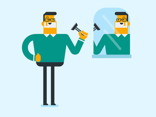 Young caucasian white man washing and shaving his face with a razor in front of mirror. Man preparing face for a daily shaving. Concept of hygiene and morning routine. Vector cartoon illustration.