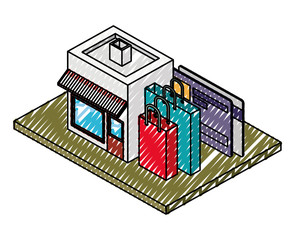 store building with shopping bags and credit card isometric icon vector illustration