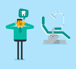 Afraid caucasian white patient visiting a dentist because of teeth pain. Sad patient suffering from toothache. Sorrowful man having a strong teeth ache. Vector cartoon illustration. Square layout.