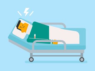 Sick caucasian white man with bandage over his neck laying in hospital bed. Sick man measuring temperature with a thermometer and suffering from cold. Vector cartoon illustration. Horizontal layout.