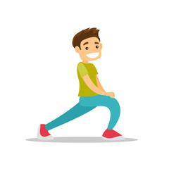 Young happy caucasian white man doing stretching warm up exercise. Sportsman stretching legs doing forward lunge before workout. Vector cartoon illustration isolated on white background. Square layout