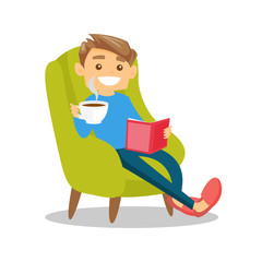 Caucasian white man relaxing with a book on the armchair. Young clever student drinking coffee and reading a novel at home. Vector cartoon illustration isolated on white background. Square layout.