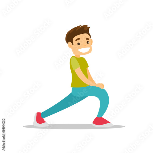 Young Happy Caucasian White Man Doing Stretching Warm Up Exercise Sportsman Stretching Legs Doing Forward Lunge Before Workout Vector Cartoon Illustration Isolated On White Background Square Layout Wall Mural Visual Generation