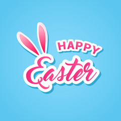 Happy Easter Card Vector illustration, Typography with bunny ears on sweet blue background.