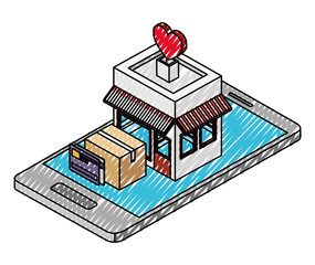 smartphone with store building isometric icon vector illustration design