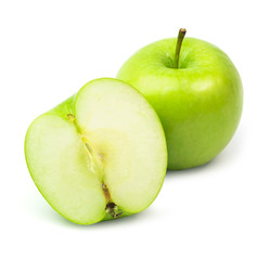 a green apple with half isolated on a white background.